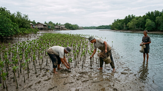 Local men planting mangrove saplings on coastal mudflat. Climate adaptation and wetland reforestation project