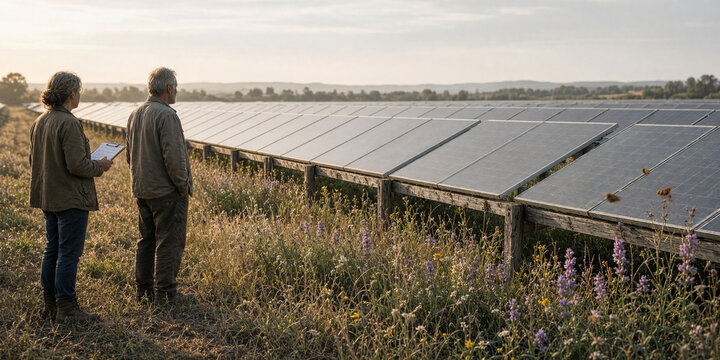 Inspectors standing near solar panels in wildflower meadow. Farmers examining agrivoltaic field at sunset. Renewable green energy and climate adaptation concept