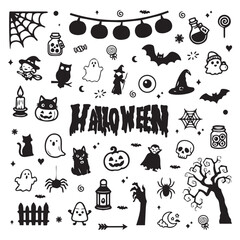 Obraz premium Happy Halloween doodle vector icons set with ghosts pumpkins and spider web border isolated on white background