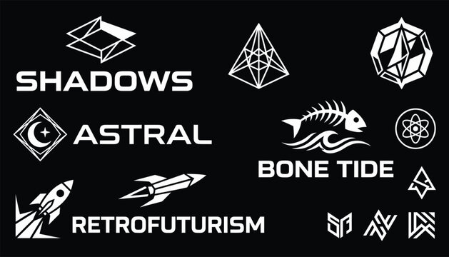 Retrofuturism and occult geometric logo collection with fish skeleton, rocket, and abstract symbols