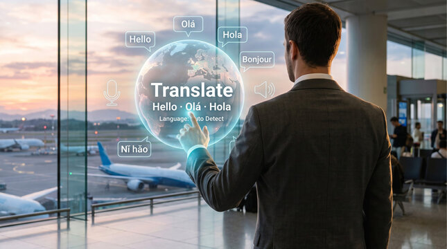 Man in suit uses futuristic holographic translation interface at airport terminal with airplanes outside