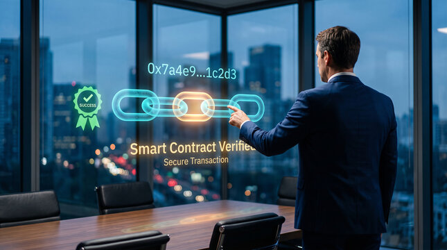 Businessman interacting with holographic blockchain smart contract verification in modern boardroom overlooking city skyline
