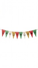 Obraz premium Paper pennant bunting garland with festive holiday patterns on white background. This colorful hanging decoration features printed Christmas trees and snowflakes for parties.