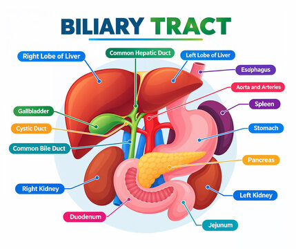 Biliary tract medical vector illustration system diagram with esophagus, stomach, duodenum, pancreas, spleen, gallbladder ducts and liver. 