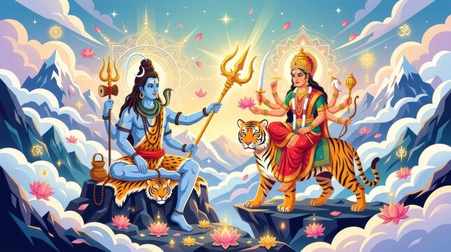 Lord Shiva handing his trident to Goddess Durga in celestial mountain landscape