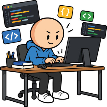 Young coder at desk coding with multiple screens and code blocks