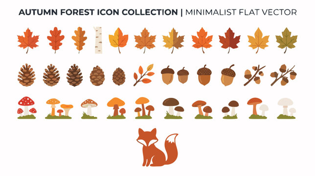Fall Season Nature Elements Set with Autumn Leaves, Mushrooms, Acorns, Pinecones, and Fox