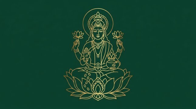 Minimalist golden line art illustration of goddess Lakshmi on green background