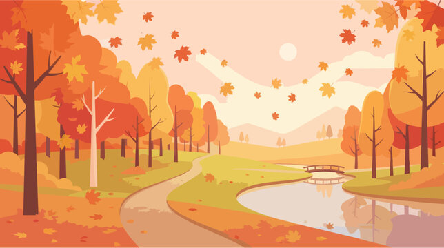 Autumn Park Landscape with Colorful Trees, Golden Leaves, Rolling Hills, Blue Sky and Scenic Road, Seasonal Nature Background for Fall Travel and Outdoor Design