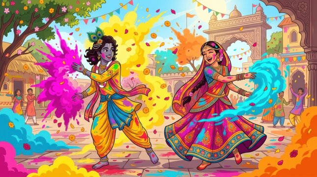 Radha and Krishna joyfully playing Holi with colorful powders in celebration