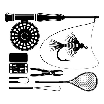 Fishing tackle collection presented as a black silhouette