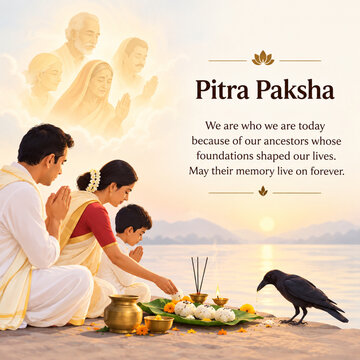 Hindu family performing pitra paksha rituals at the riverside at sunrise with ancestor worship