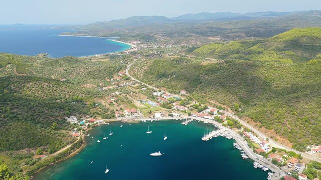 Aerial view of the Porto Koufo harbor and the coastline of Toroni in the Halkidiki region of Greece