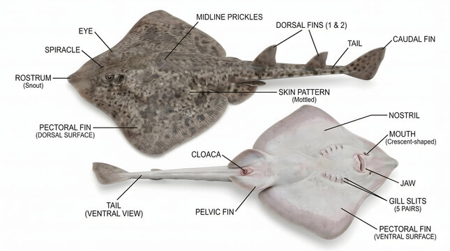 Comprehensive anatomical illustration of a ray or skate, showcasing both dorsal and ventral aspects with clearly labeled external features. This detailed diagram is ideal for scientific research, e...