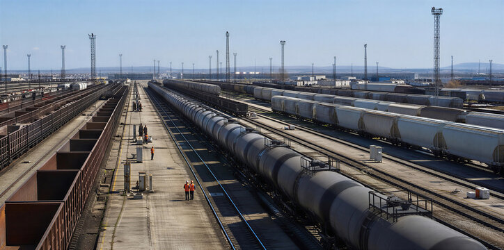 Wide shot of a large railway freight yard with trains and tank cars. Industrial logistics and cargo transportation infrastructure. Two workers in safety vests walking on a concrete platform