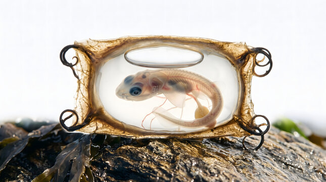 A captivating close-up reveals a translucent shark embryo developing within its protective mermaid's purse egg case. Resting on wet ocean rocks with seaweed, this image beautifully illustrates mari...