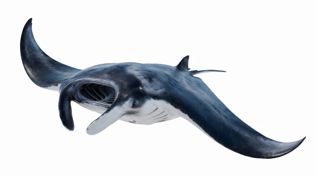A detailed illustration of a majestic giant oceanic manta ray swimming with its mouth open, isolated on a clean white background. This high-resolution marine creature cutout is perfect for educatio...