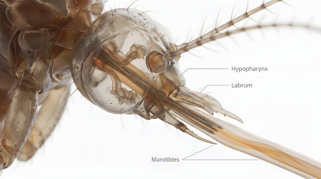 High magnification microscopic view of a mosquito head anatomy, clearly labeling the hypopharynx, labrum, and mandibles. This detailed scientific illustration is ideal for entomology research, medi...