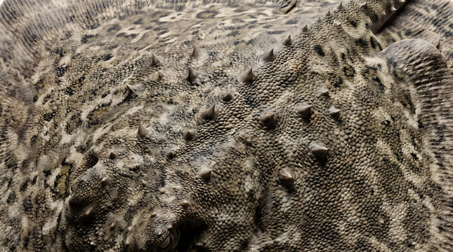 Extreme macro close-up of a Thornback ray skin, highlighting the intricate texture, rough dermal denticles, and sharp protective spines. This detailed view captures the natural camouflage patterns...