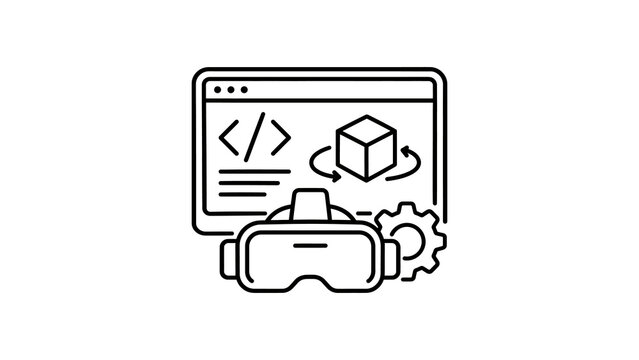 VR headset and computer screen showing coding and 3D cube for virtual development.