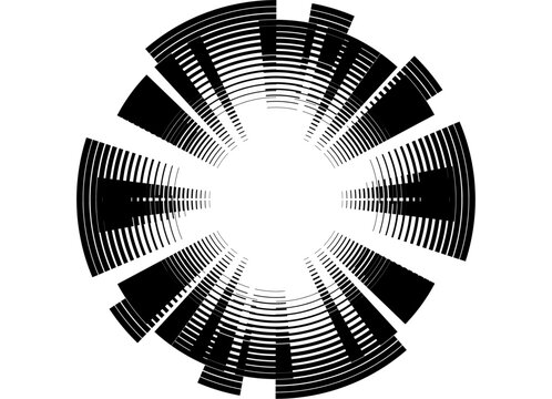 Abstract circular vector pattern of black striped rays on a white background. Design element. Striped halftone. Frame. Radiance, explosion, star. Vector background for covers, advertising, labels, pac