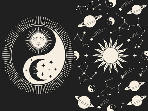 Mystical Celestial Yin Yang Sun and Moon Astrology Background. Esoteric Illustration with Constellations, Saturn, and Bohemian Starry Sky Pattern.