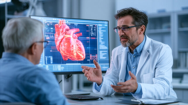 experienced cardiologist explaining heart disease risk factors to a middle-aged patient who recently experienced chest pain, digital heart model displayed on a monitor