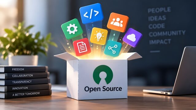 Glowing digital icons flying out of an open source box representing free software distribution and collaborative technology tools