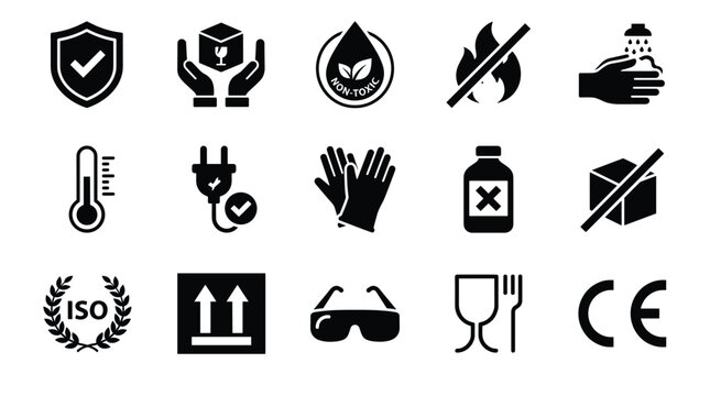 Shipping and warehouse safety regulation icons set featuring black silhouettes for professional handling and protective packaging guidance.