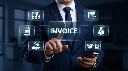 Obraz premium Businessman touching digital invoice screen with icons in a corporate office