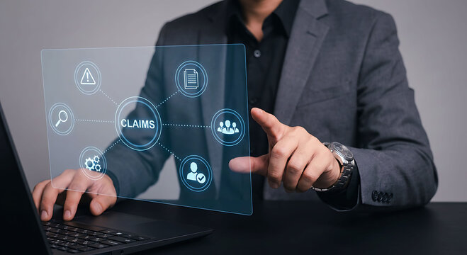 Businessman interacting with futuristic digital claims processing hologram display