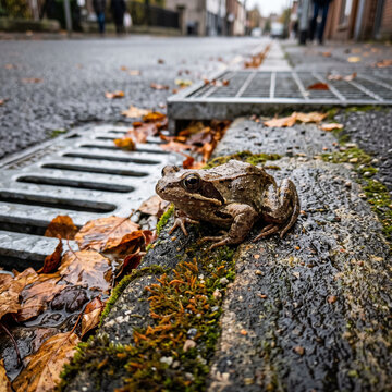 Close-up of a brown frog sitting on a wet city sidewalk near a metal drain grate. Urban wildlife adaptation concept with autumn leaves and moss