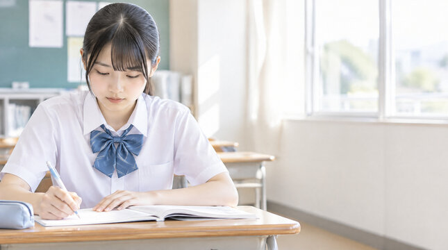 明るい教室で勉強する女子生徒のイメージ　高校生、受験生風