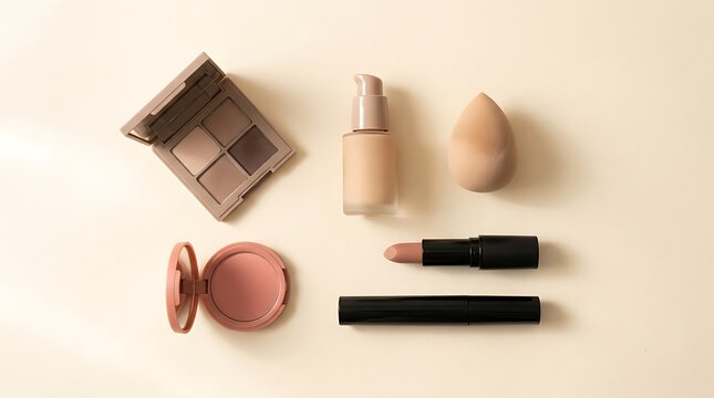 Set of various makeup products including eye shadow palette lipstick foundation and beauty sponge tools. simple makeup tutorial