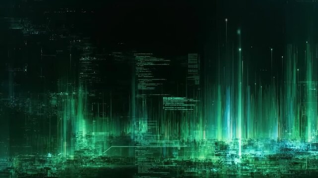 Green digital binary code streaming down dark screen background representing cyber technology data matrix and hacking concept