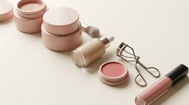 Set of various makeup products and cosmetic tools arranged in a neat row for beauty and skin care routine. simple makeup tutorial