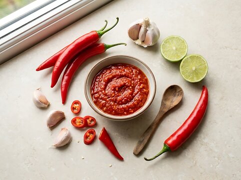 Bowl of spicy chili sauce with red peppers and fresh lime on a kitchen table. sambal oelek