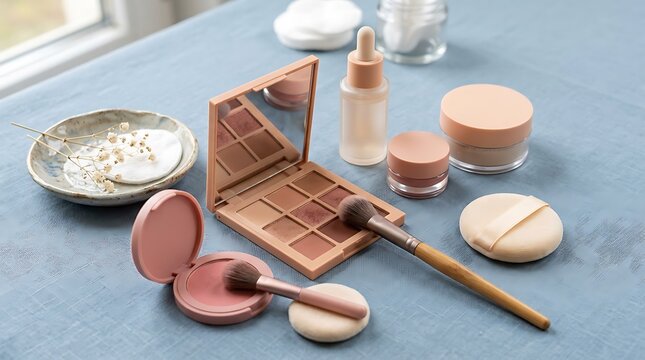 Set of makeup products with eyeshadow palette powder and brushes on a table for daily beauty routine. simple makeup tutorial