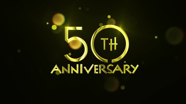50th Anniversary Gold Metallic Typography Animation with Luxury 3D Number and Glowing Bokeh Lights Celebration Background