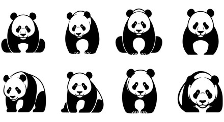 Eight panda bear silhouettes arranged on a white background animal © Imdadul_Studio