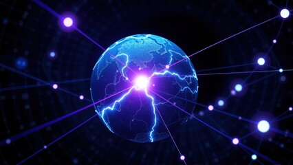 Obraz premium Bright globe radiates energy, connected via glowing lines. Digital network concept, futuristic design, dark background.