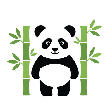 A cute cartoon giant panda stands happily between two green bamboo stalks with leaves on a plain white background.