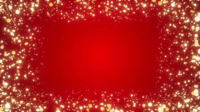 abstract gold border frame with golden glitter shiny stars and golden dust and particles animation ,red luxury holiday christmas and new year social media motion background