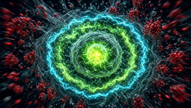 Glowing protected cell with defensive energy shields repelling pathogens. Immune response and cellular resistance concept