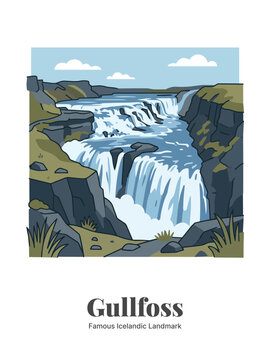 Gullfoss Waterfall Iceland Flat Vector Poster Illustration of Famous Landmark