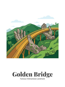 Golden Bridge Vietnam Flat Vector Poster Illustration of Famous Landmark with Giant Hands and Scenic Mountain Landscape