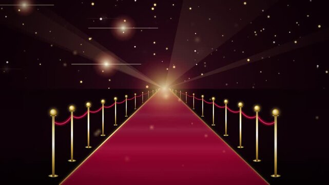 Grand Red Carpet Walkway Entrance Background with Gold Stanchion Posts and Glowing Light Particles