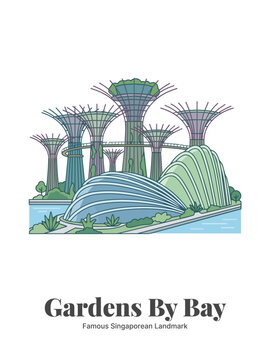 Gardens by the Bay Singapore Flat Vector Poster Illustration of Famous Landmark with Supertree Grove