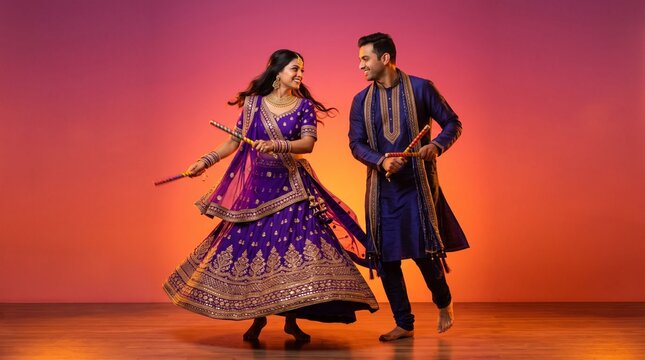 Couple in traditional ethnic attire dancing with sticks garba dance navratri festival folk dance