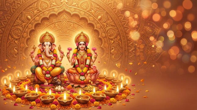 Ganesha and lakshmi sitting on lotus with oil lamps for diwali festival lord ganesha